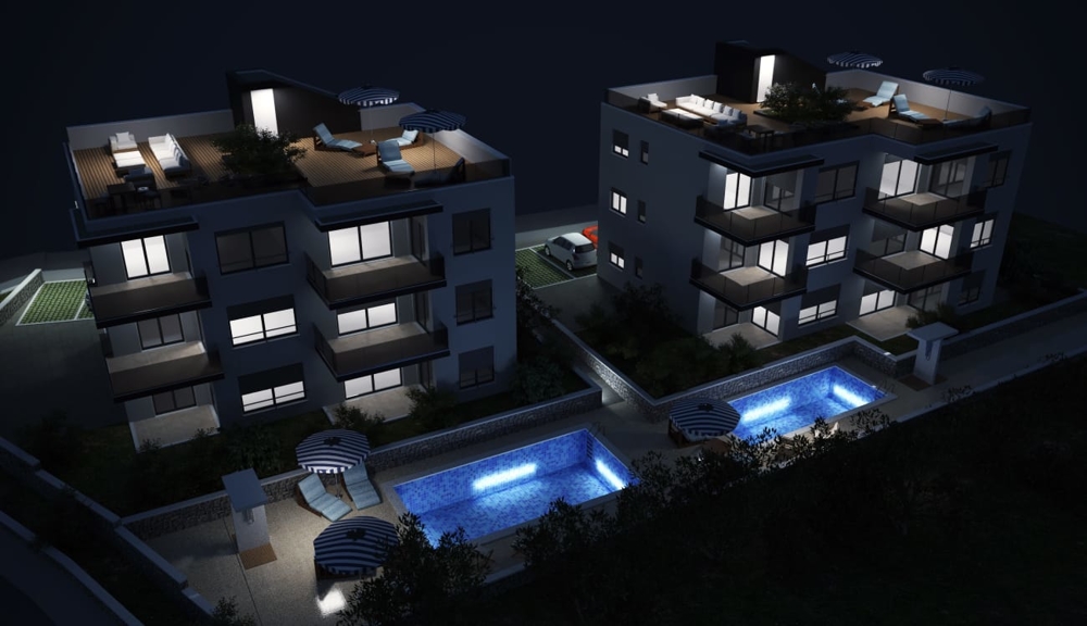 New apartments - 3D visualization at night.