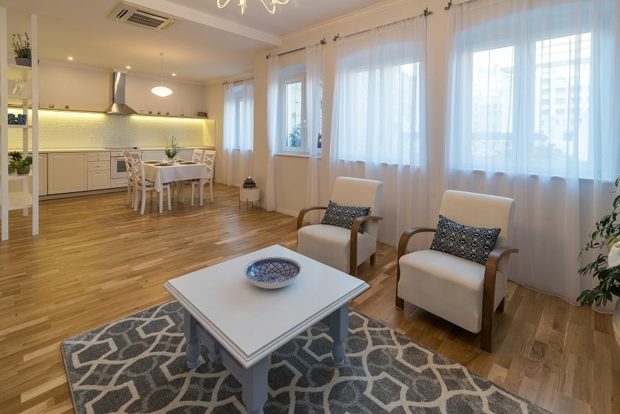 Living and dining area of ​​the modern apartment A1578 in Rijeka, Croatia.