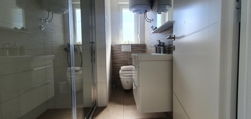 Bathroom with window and large shower