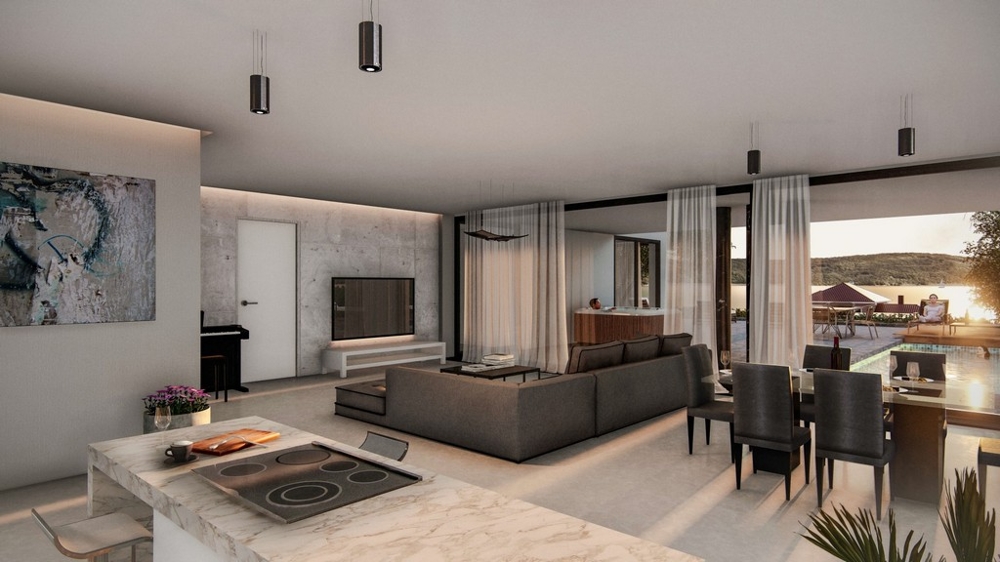 3D visualization of the living room of apartment A3017 for sale near Zadar in Croatia.