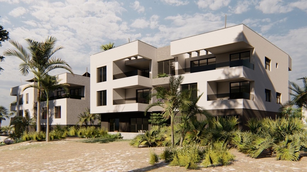 Render of a luxury apartment complex at the marina in Tribunj, Vodice, suggests an upscale living environment for future residents.