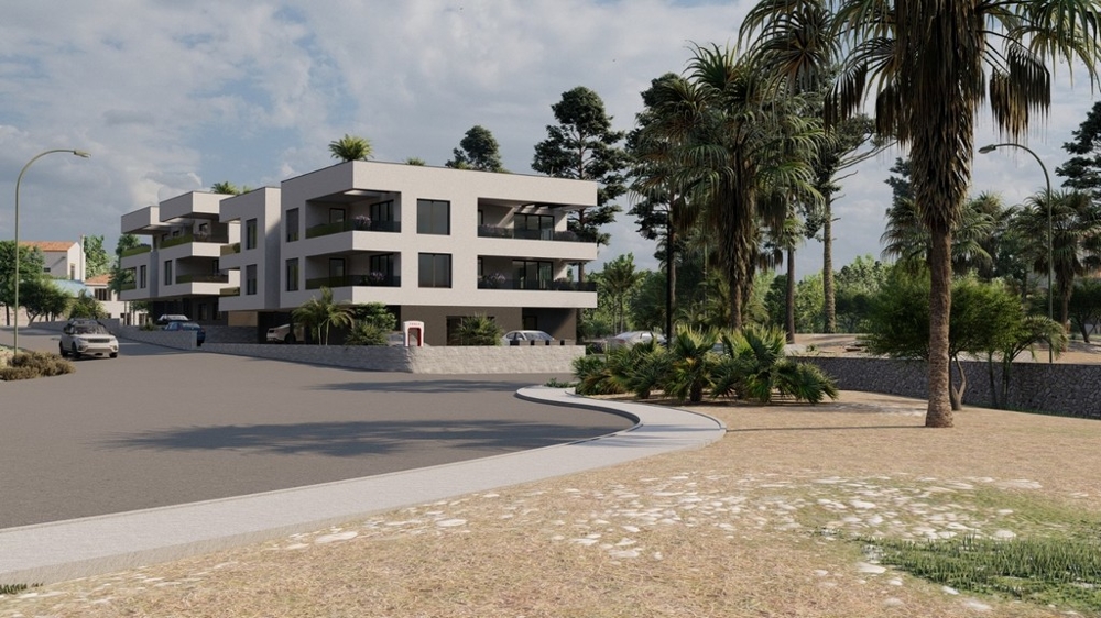 3D visualization of chic apartments for sale on a palm-lined street in Tribunj, Vodice, showing the attractive exteriors.