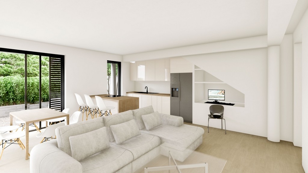 Living and dining area in a property in Croatia with minimalist decoration and terrace access.