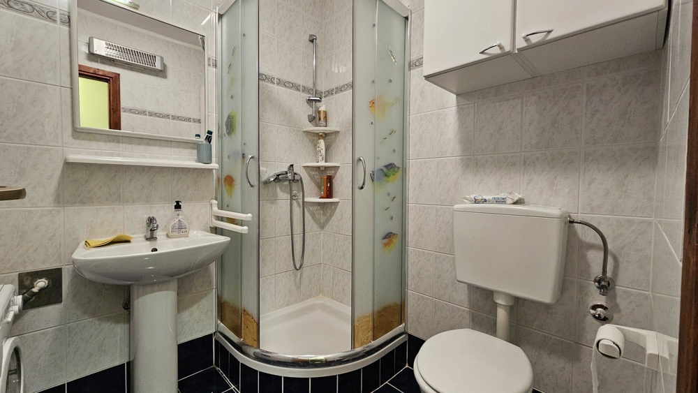 Bathroom interior with corner shower, toilet, sink and mirror cabinet.