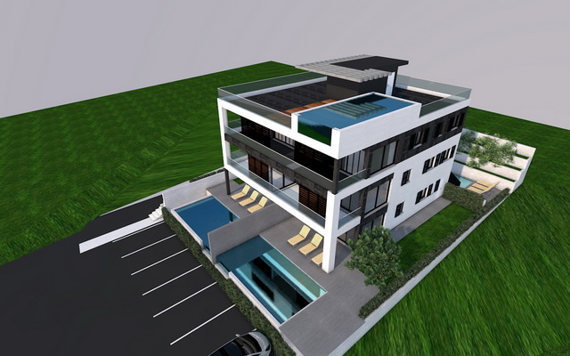 Front view of apartments with garden and swimming pool, for sale in Croatia.