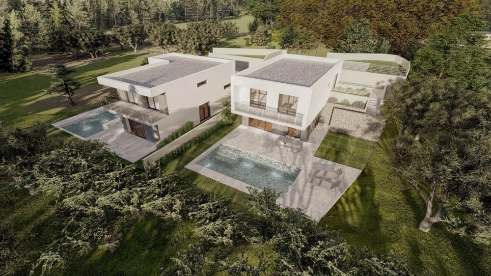 Concept drawing of the villa from the air with a view of the house and land - Buy a house in Croatia.