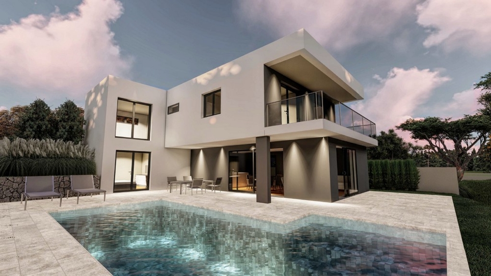 Concept drawing with a view of the swimming pool, terrace and rear of the house in Central Dalmatia.