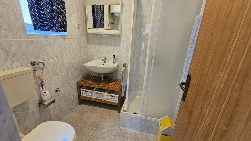 Bathroom with shower cabin and vanity unit in the house for sale in Karlobag
