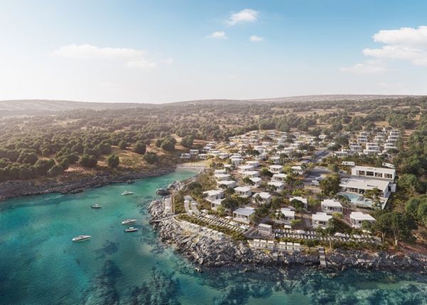 Aerial view of modern mobile homes for sale in a luxury seaside resort in Croatia