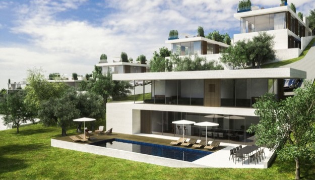 Concept drawing of a villa with swimming pool and garden - Buy land in Croatia.